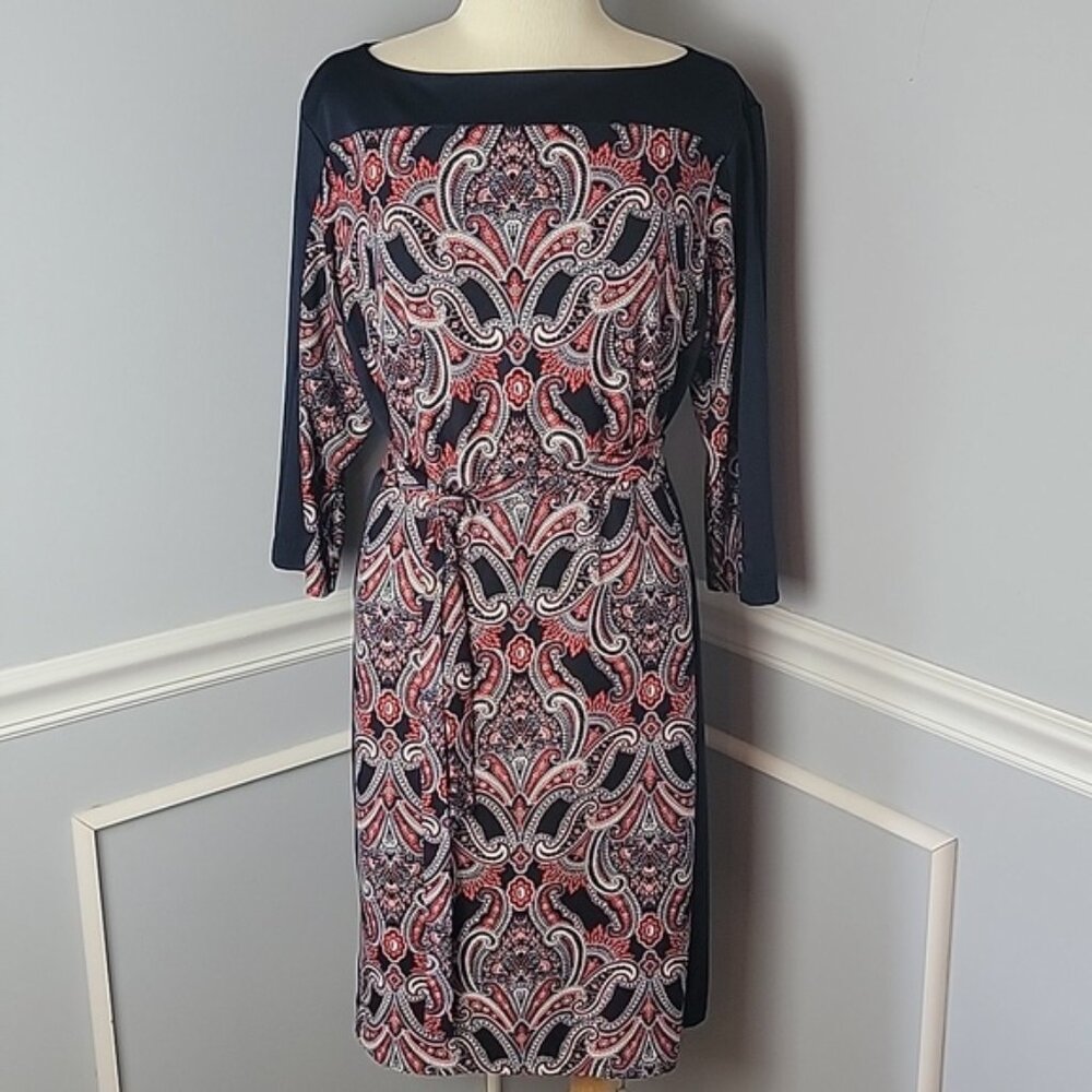 ANN TAYLOR Navy Blue Orange Red Boatneck Paisley Panel 3/4 Sleeve Sheath‎ Dress